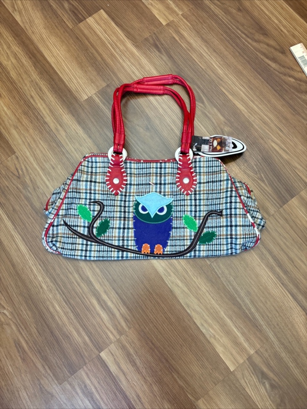 Plaid Owl Applique Shoulder Bag with Red Handles